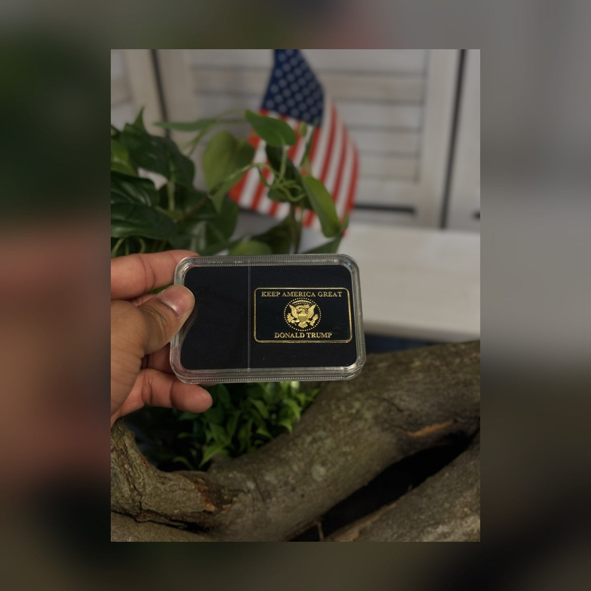 Trump Liberty 2024 black and gold bar reverse held over a log and plants outdoors