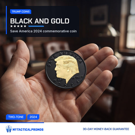 Trump Black and Gold Coin held in an open palm