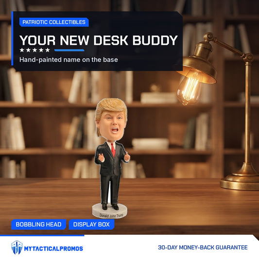 Trump Bobblehead on a wooden home office desk by a lamp