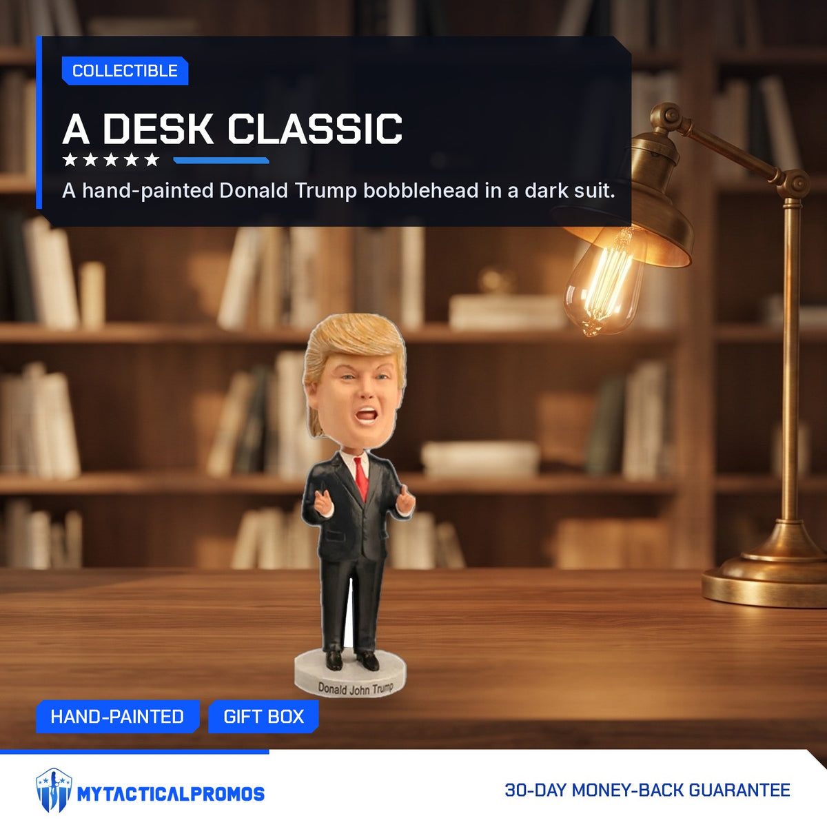 Trump Bobblehead on a wooden desk under a brass lamp
