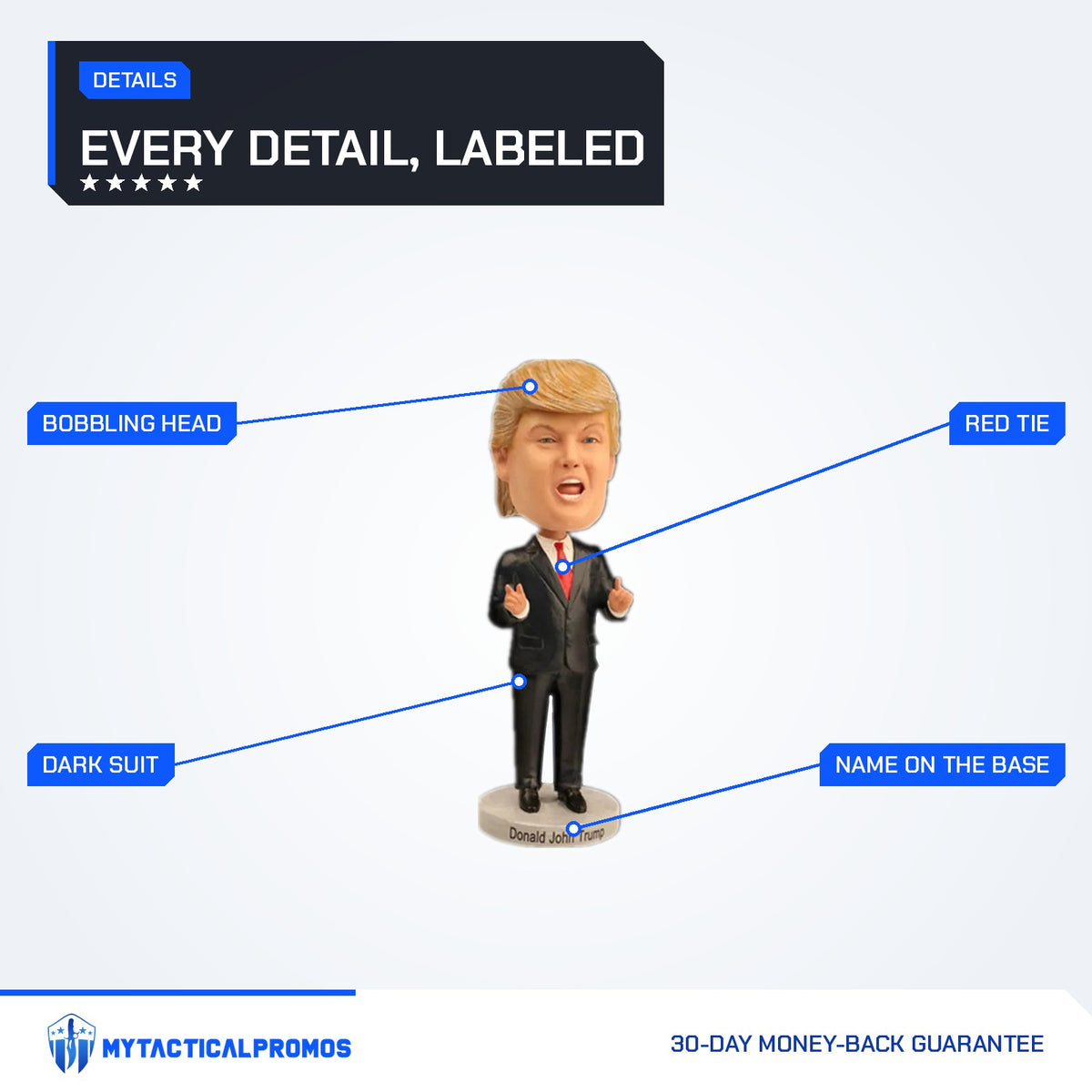 Trump Bobblehead features labeled: bobbling head, red tie, dark suit, name on the base