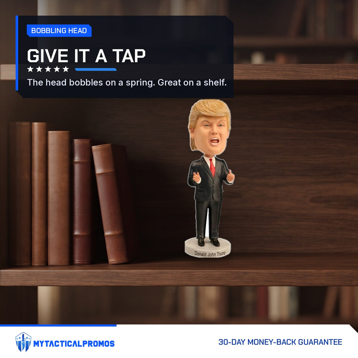 Trump Bobblehead on a bookshelf next to leather books