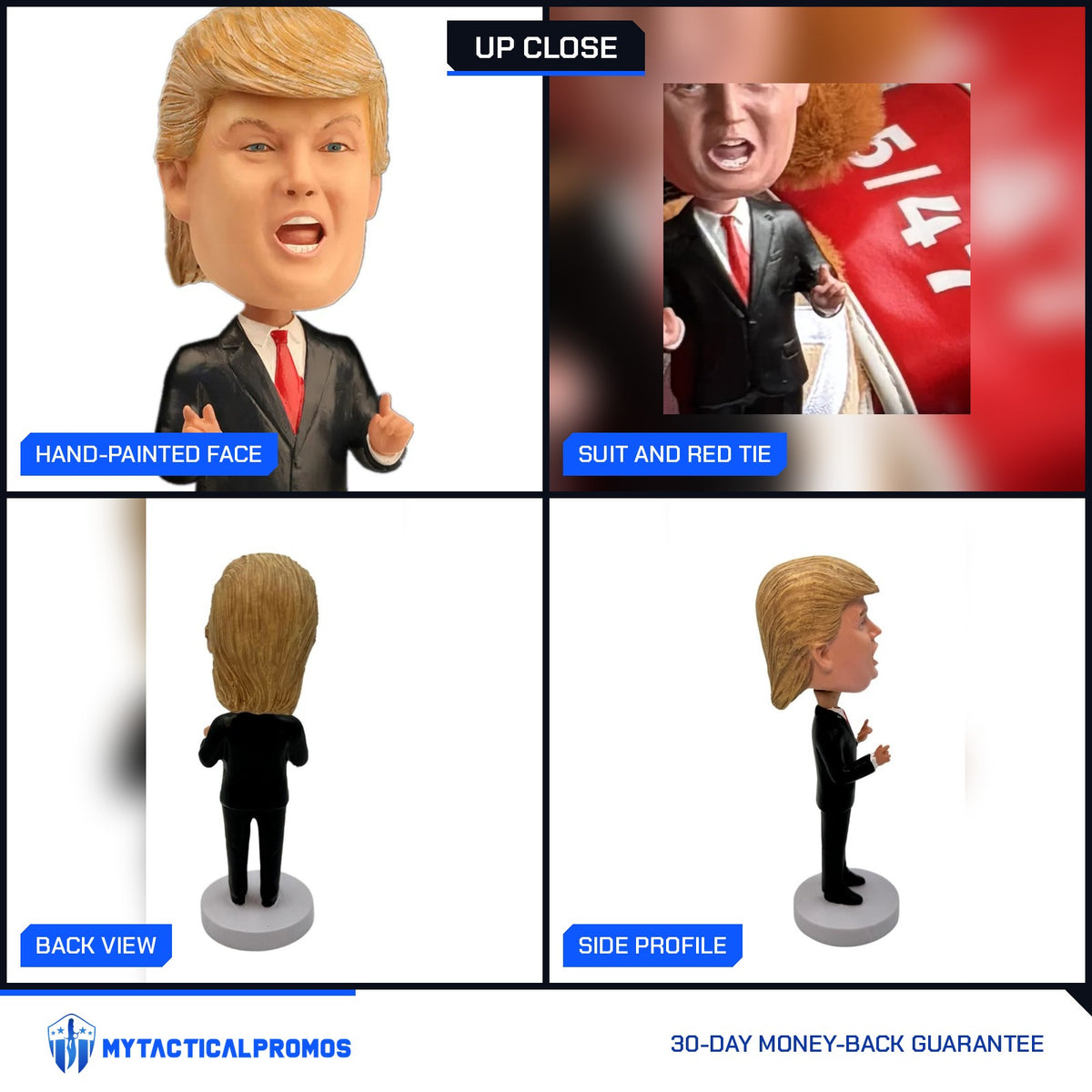 Trump Bobblehead close-ups: hand-painted face, suit and red tie, back view, side profile
