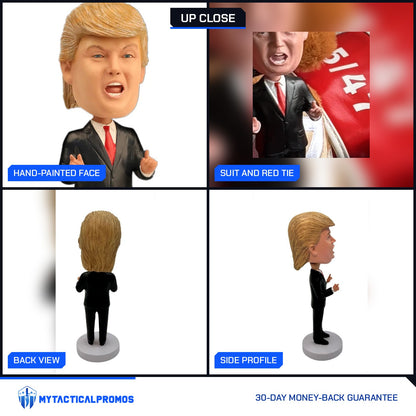 Trump Bobblehead close-ups: hand-painted face, suit and red tie, back view, side profile