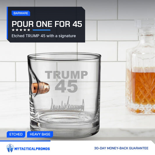 Trump 45 Bullet Whiskey Glass on a white marble home bar