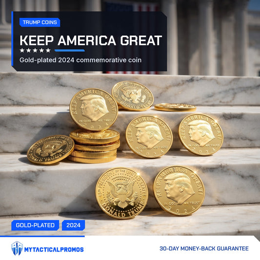 Trump 2024 Keep America Great coins on marble steps with a flag behind