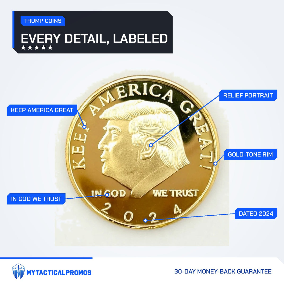 Trump 2024 Keep America Great coin front labeled: Keep America Great, relief portrait, In God We Trust, 2024, gold-tone rim