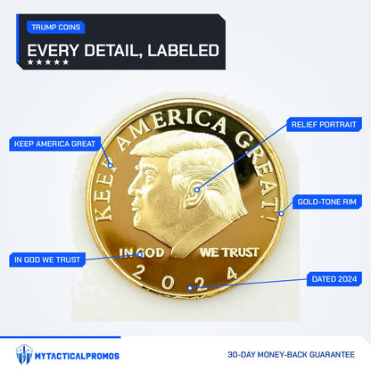 Trump 2024 Keep America Great coin front labeled: Keep America Great, relief portrait, In God We Trust, 2024, gold-tone rim