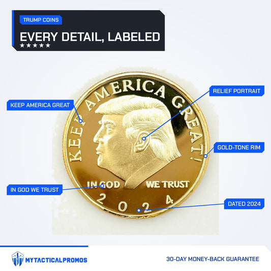 Trump 2024 Keep America Great coin front labeled: Keep America Great, relief portrait, In God We Trust, 2024, gold-tone rim
