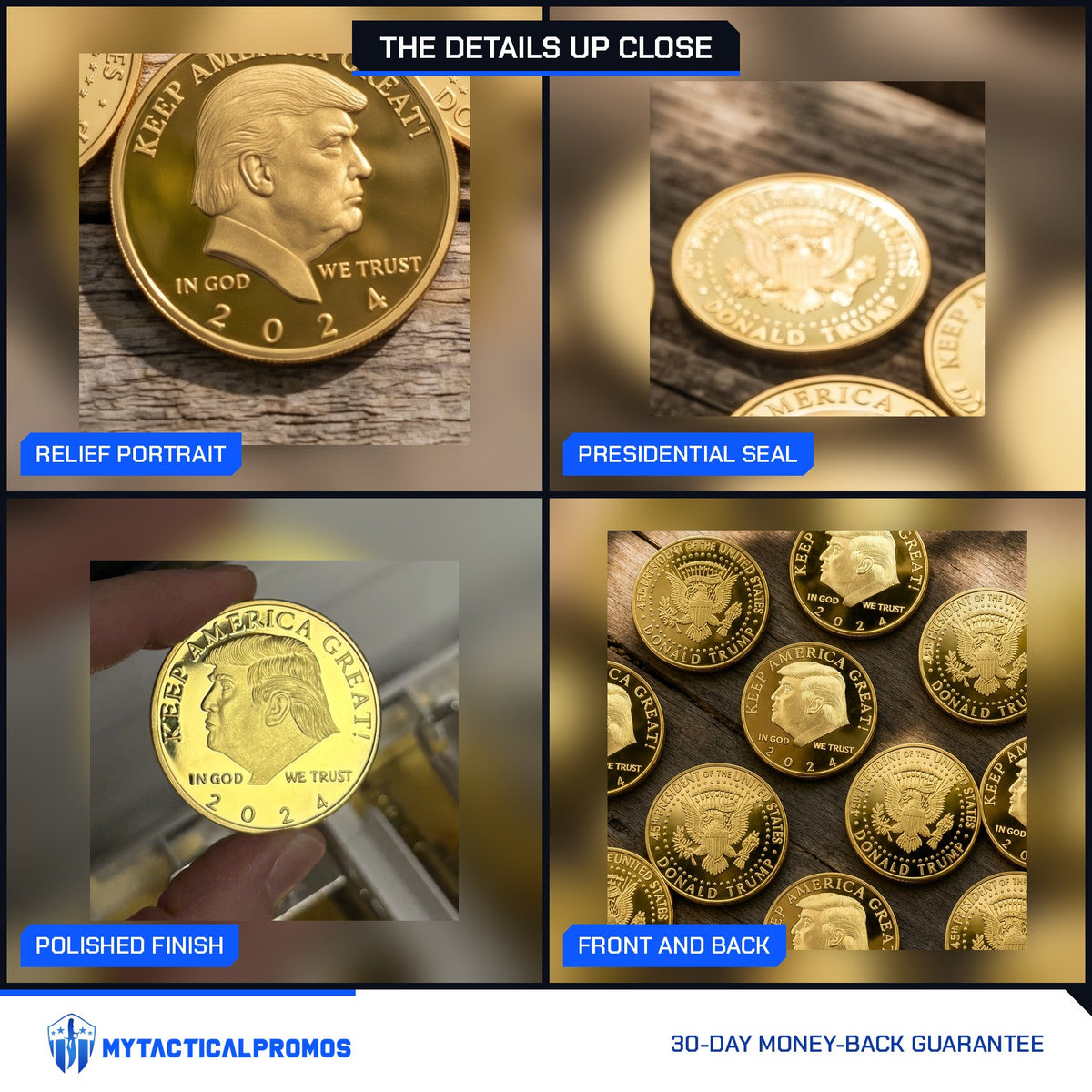 Trump 2024 coin close-ups: relief portrait, presidential seal reverse, polished finish, front and back together