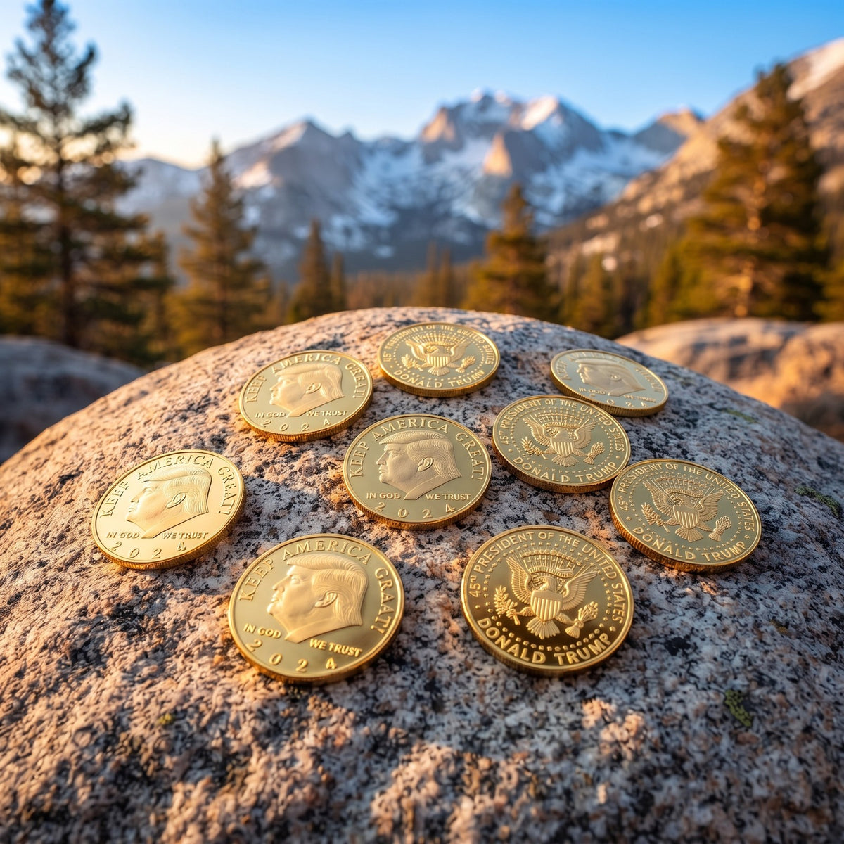 Trump 2024 Keep America Great coins on a granite boulder with mountains behind