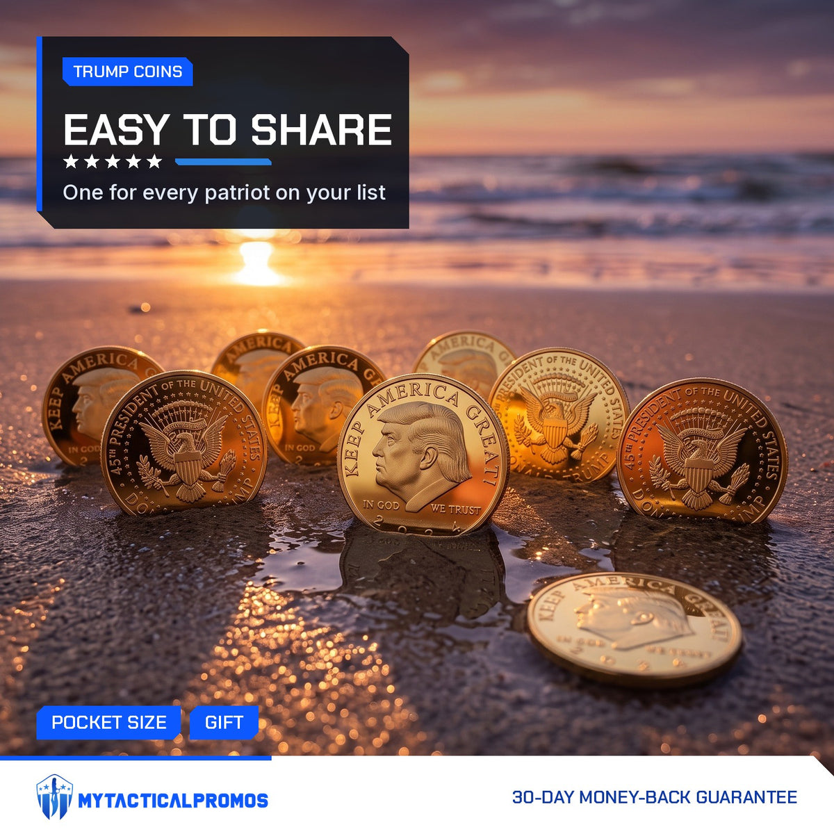 Trump 2024 Keep America Great coins standing on a beach at sunset