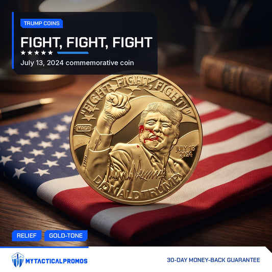 Trump Fight Fight Fight Coin resting on a folded flag on a desk