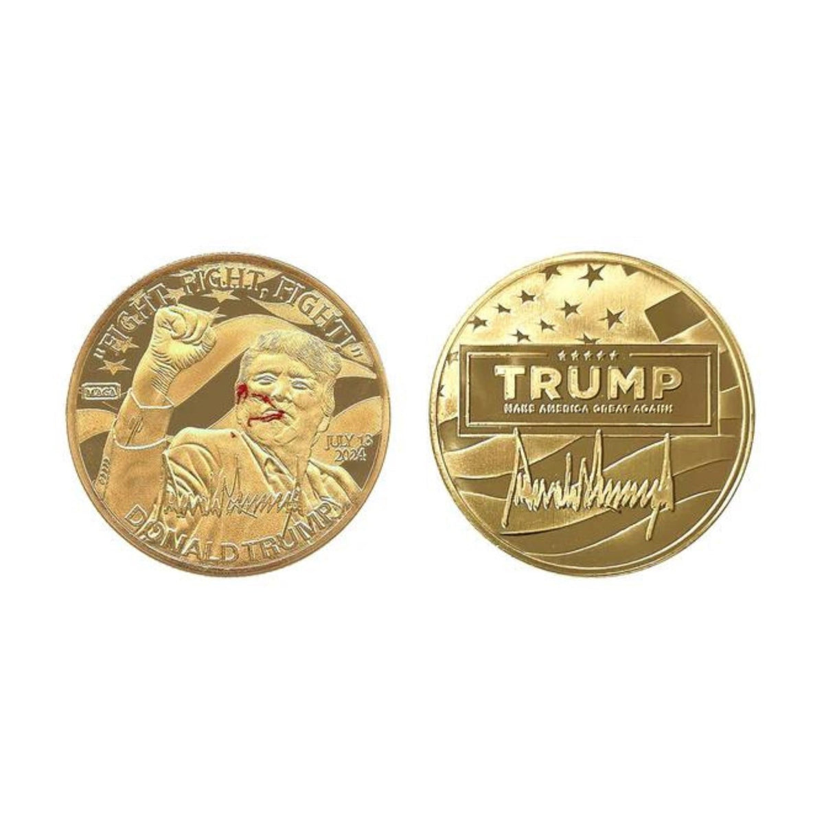 Trump Fight Fight Fight Coin front and TRUMP signature reverse side by side