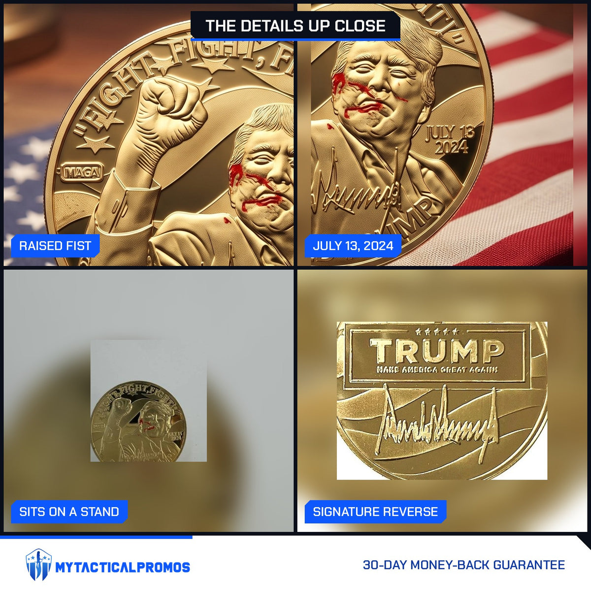 Trump Fight Fight Fight Coin close-ups: raised fist, July 13, 2024 date, on a small stand, TRUMP signature reverse