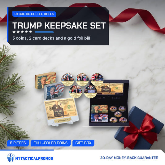 Trump keepsake gift set with coins, playing cards and gold foil bill on marble with a gift box