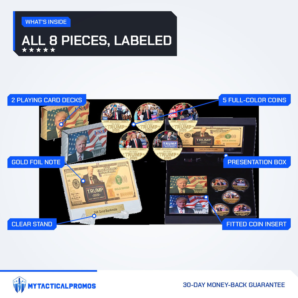 Trump keepsake gift set labeled: 2 playing card decks, gold foil note, clear stand, 5 full-color coins, presentation box, coin insert