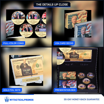 Trump keepsake gift set close-ups: full-color coins, USA card decks, gold foil note, presentation box
