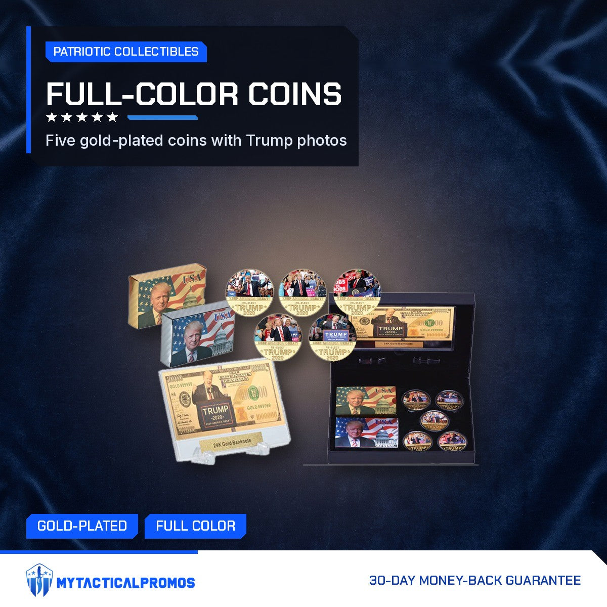 Trump keepsake gift set with full-color coins on navy velvet