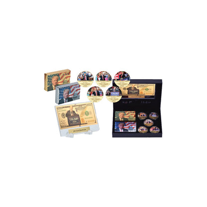 Trump keepsake gift set: five coins, two playing card decks, gold foil bill and presentation box