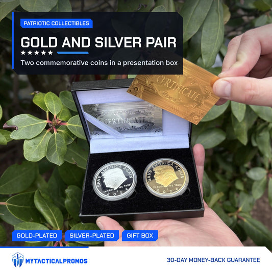 Trump gold and silver coin case held open in hand outdoors with a certificate card
