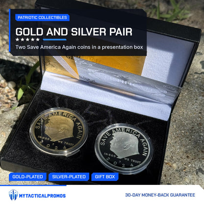 Trump gold and silver Save America Again coins in the open presentation box on a rock outdoors