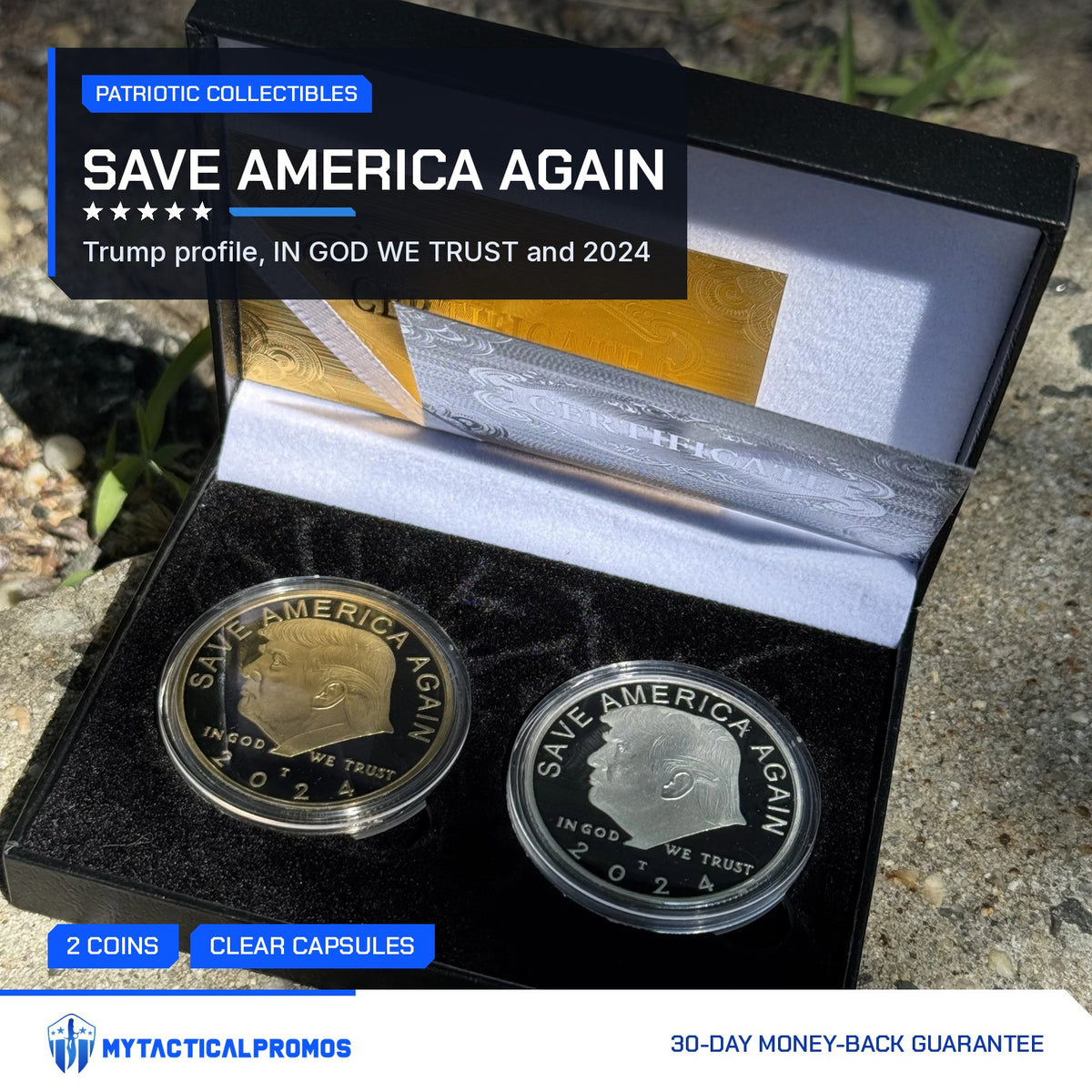 Close-up of the gold and silver Save America Again coins in the open case