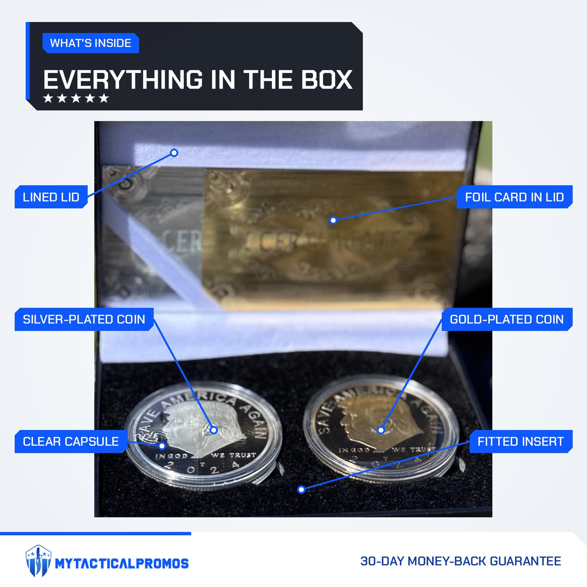 Trump gold and silver coin case labeled: lined lid, foil card, silver-plated coin, gold-plated coin, clear capsule, fitted insert