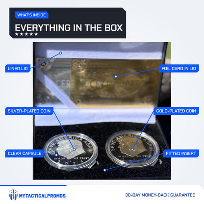 Trump gold and silver coin case labeled: lined lid, foil card, silver-plated coin, gold-plated coin, clear capsule, fitted insert