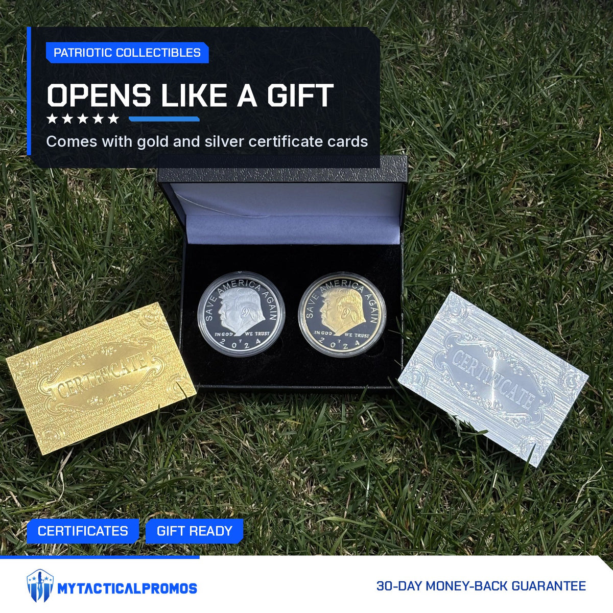 Trump gold and silver coin case open on grass with gold and silver certificate cards