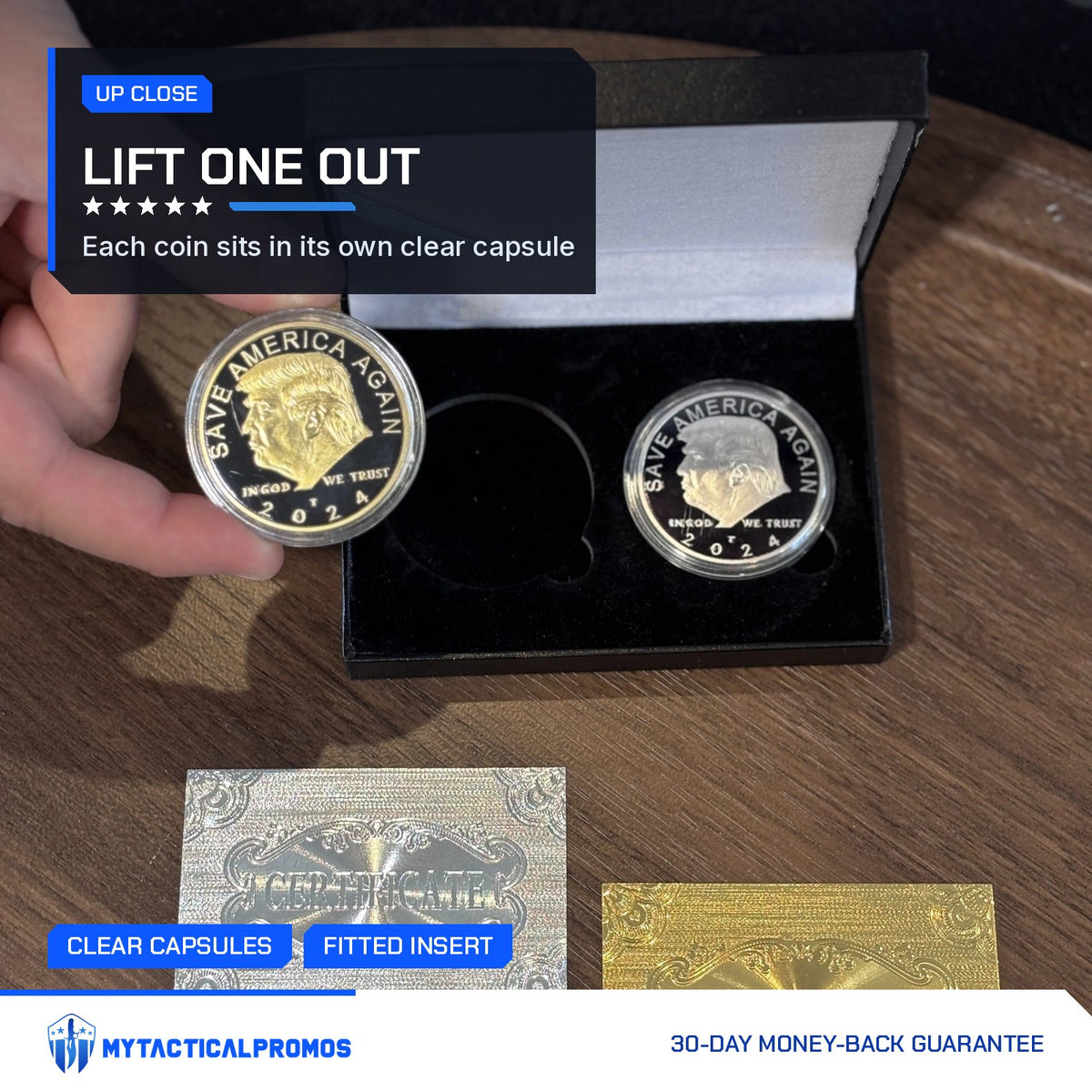 Hand lifting the gold-plated Trump coin out of its case