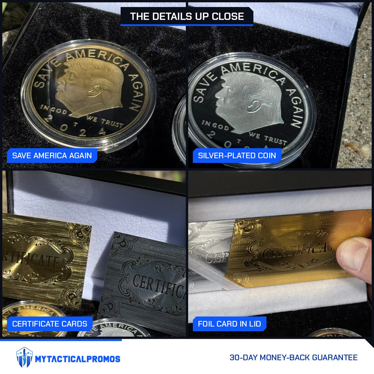 Trump gold and silver coin case close-ups: Save America Again coin, silver-plated coin, certificate cards, foil card in lid