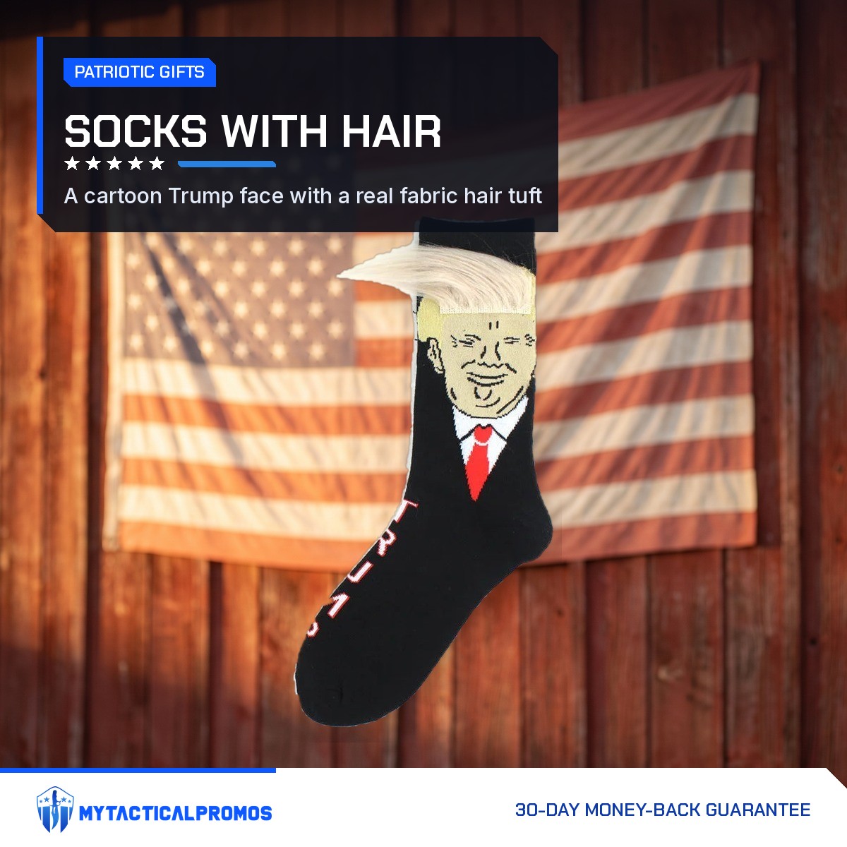 Trump Hair Socks in front of an American flag on a barn wall