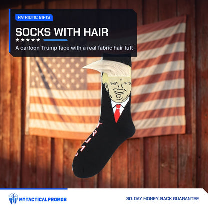Trump Hair Socks in front of an American flag on a barn wall
