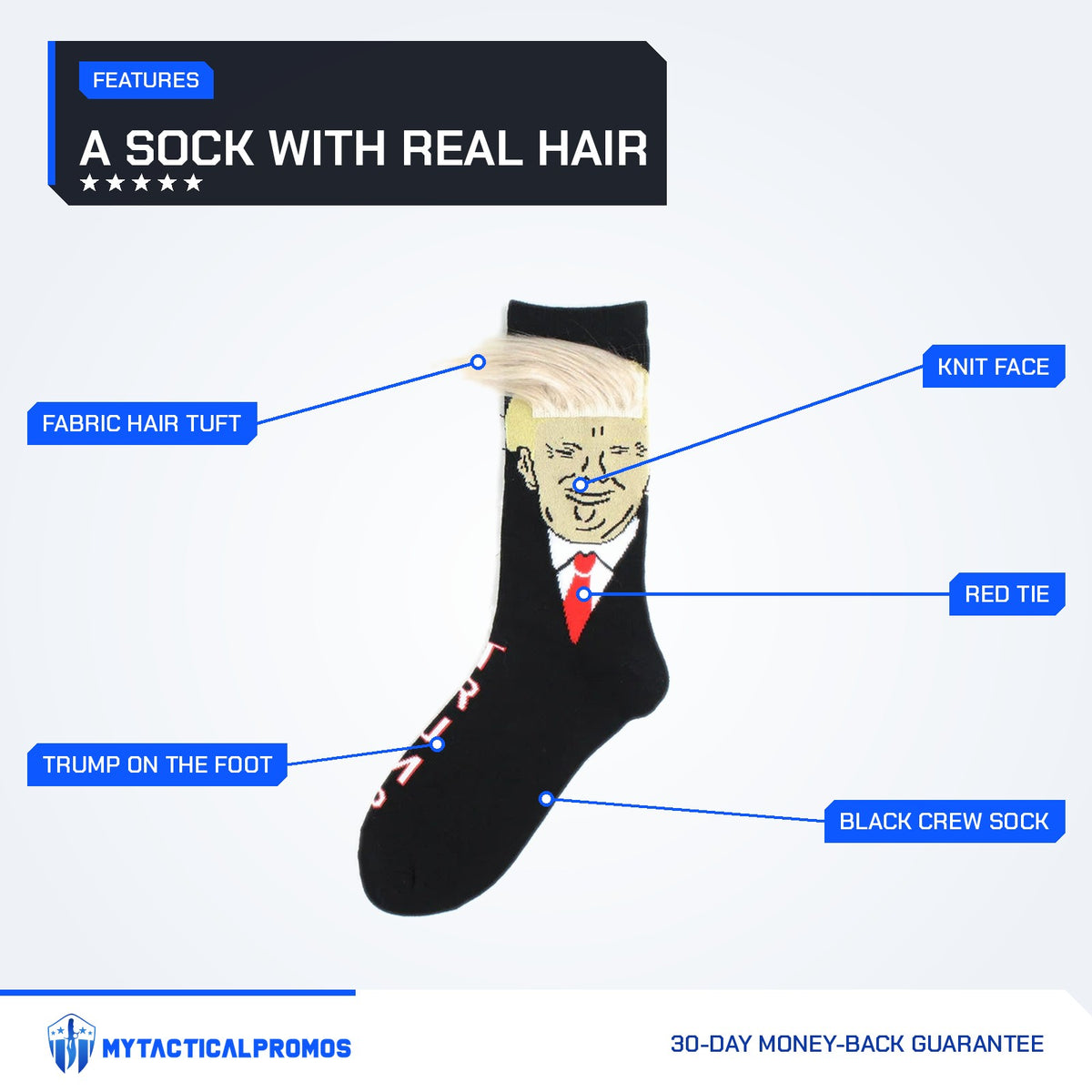 Trump Hair Socks features labeled: fabric hair tuft, TRUMP on the foot, knit face, red tie, black crew sock