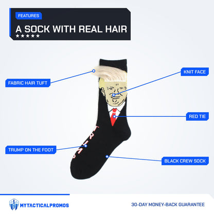 Trump Hair Socks features labeled: fabric hair tuft, TRUMP on the foot, knit face, red tie, black crew sock