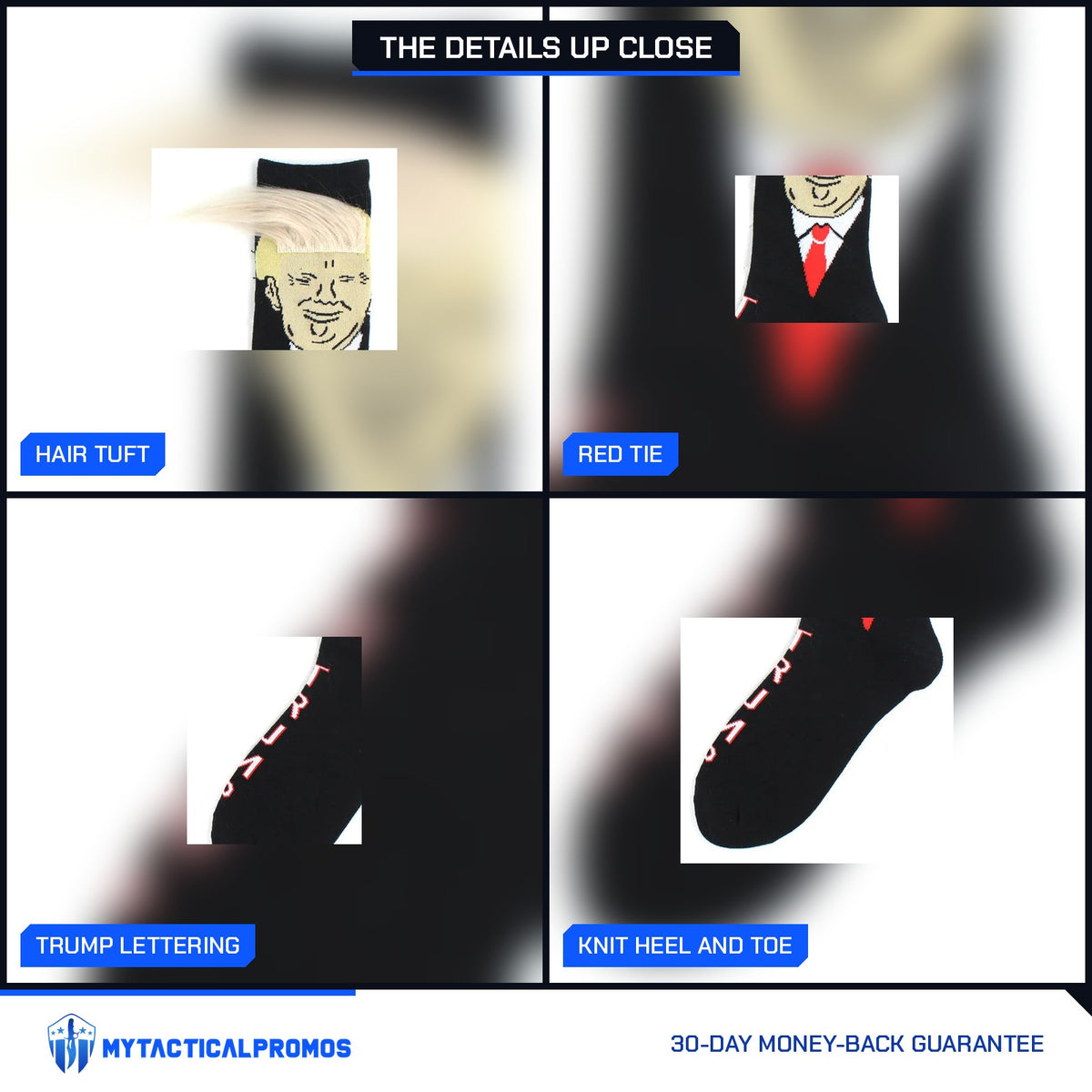 Trump Hair Socks close-ups: hair tuft, red tie, TRUMP lettering, knit heel and toe