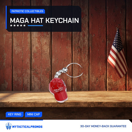 Trump MAGA Hat Keychain on a rustic wooden shelf with a small American flag