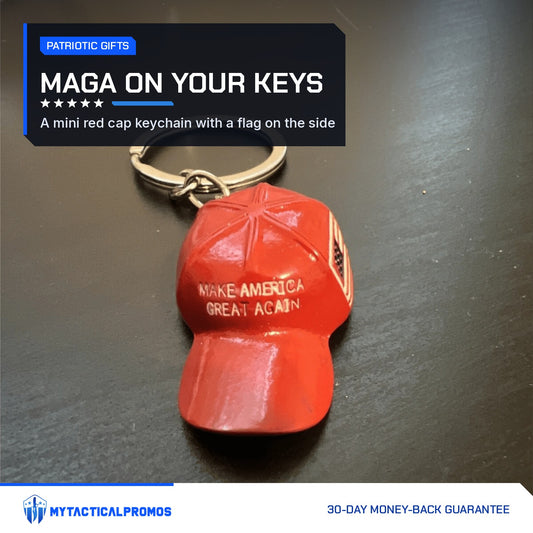 Trump MAGA Hat Keychain resting on a dark wood table