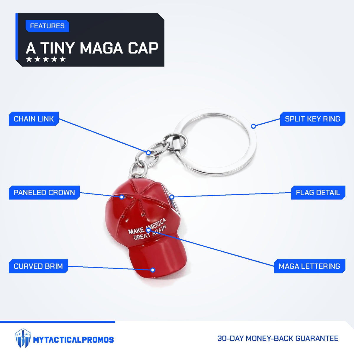 Trump MAGA Hat Keychain features labeled: chain link, paneled crown, curved brim, split key ring, flag detail, MAGA lettering