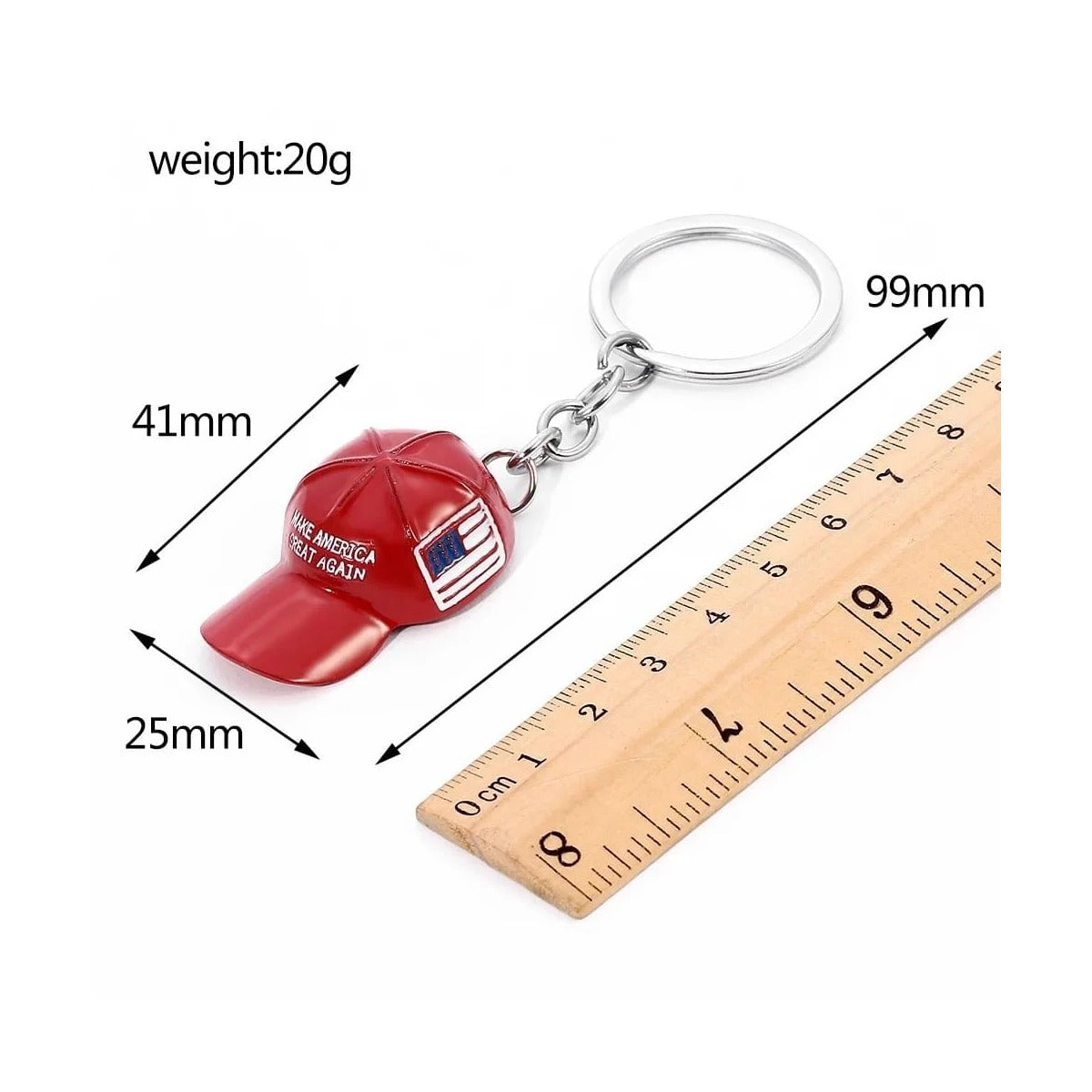 Trump MAGA Hat Keychain size: about 41 mm cap, 99 mm overall, 20 g, shown next to a ruler