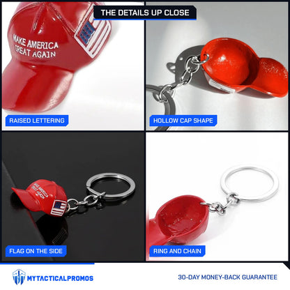 Trump MAGA Hat Keychain close-ups: raised lettering, hollow cap shape, flag on the side, ring and chain