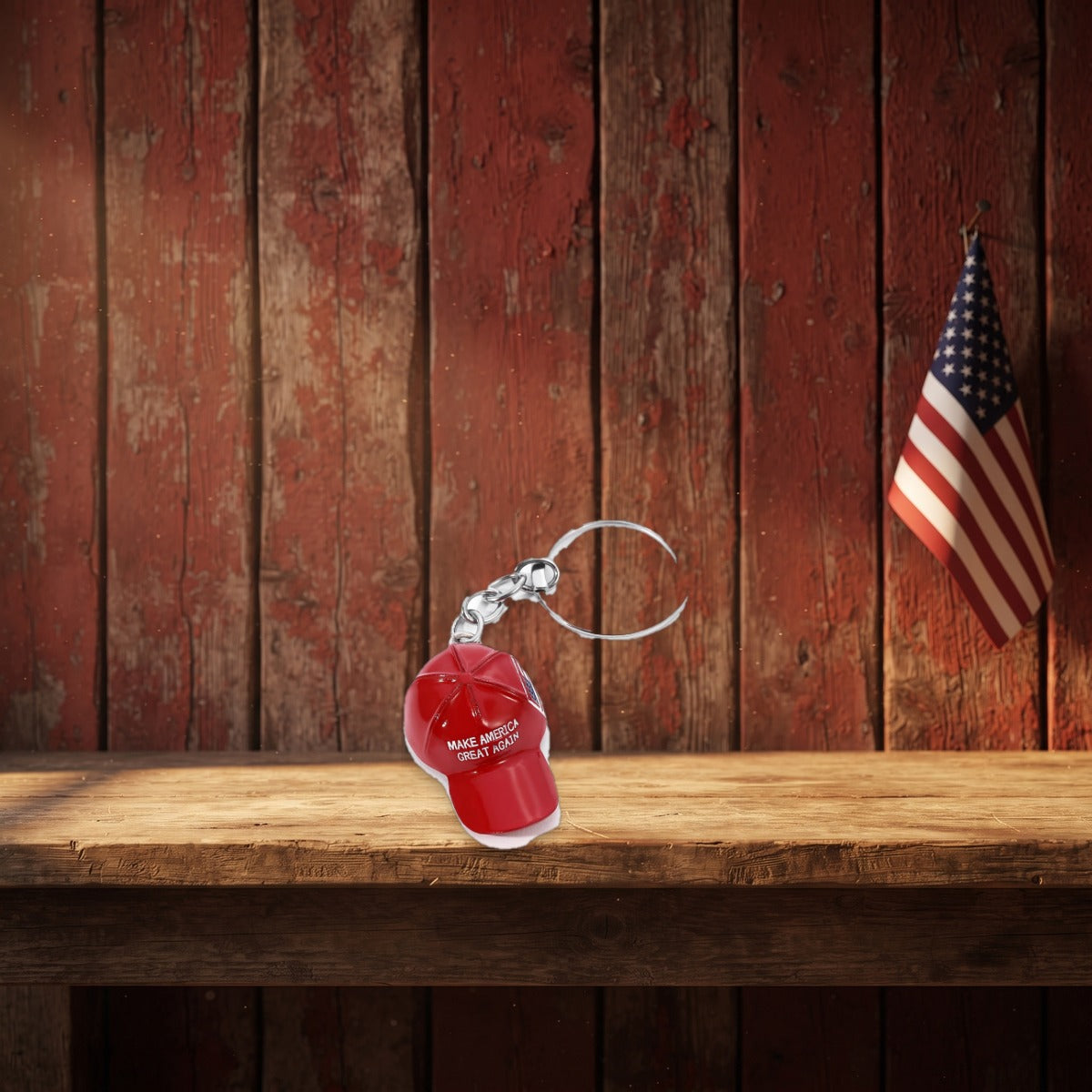 Trump MAGA Hat Keychain on a rustic barn shelf with a small flag