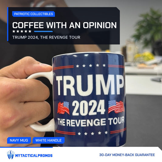 Trump 2024 Revenge Tour Mug held by the handle at a desk