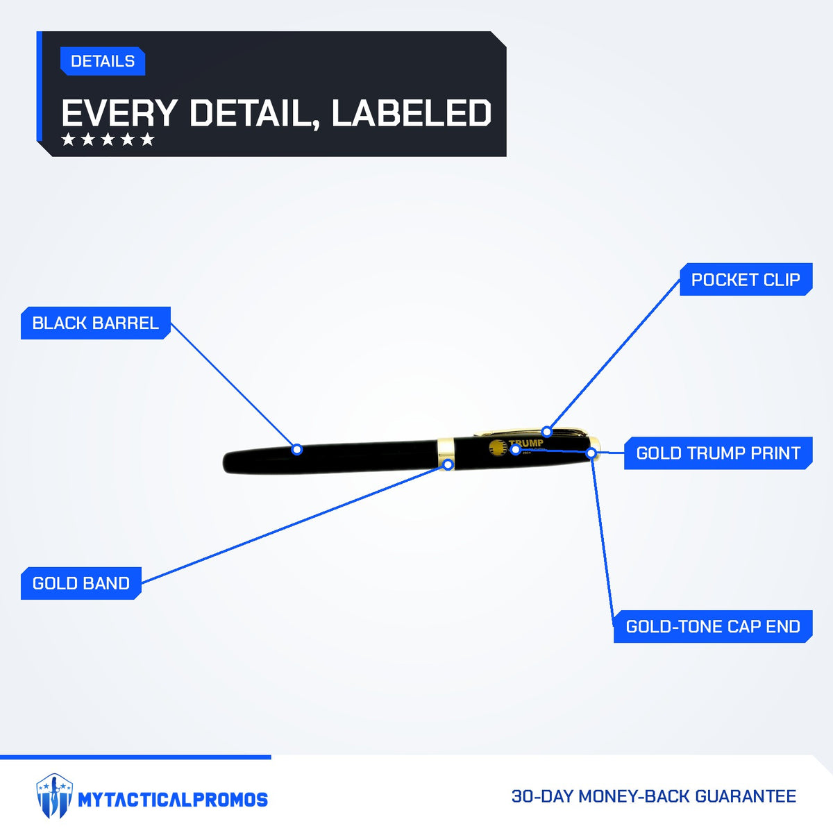Trump Pen features labeled: black barrel, gold band, gold TRUMP print, pocket clip, gold-tone cap end