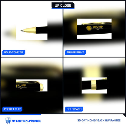 Trump Pen close-ups: gold-tone tip, gold TRUMP print on the cap, pocket clip, gold band