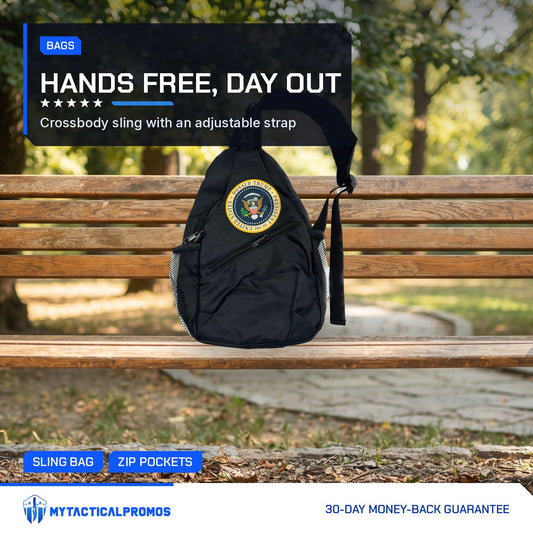 Trump Seal Sling Bag resting on a park bench