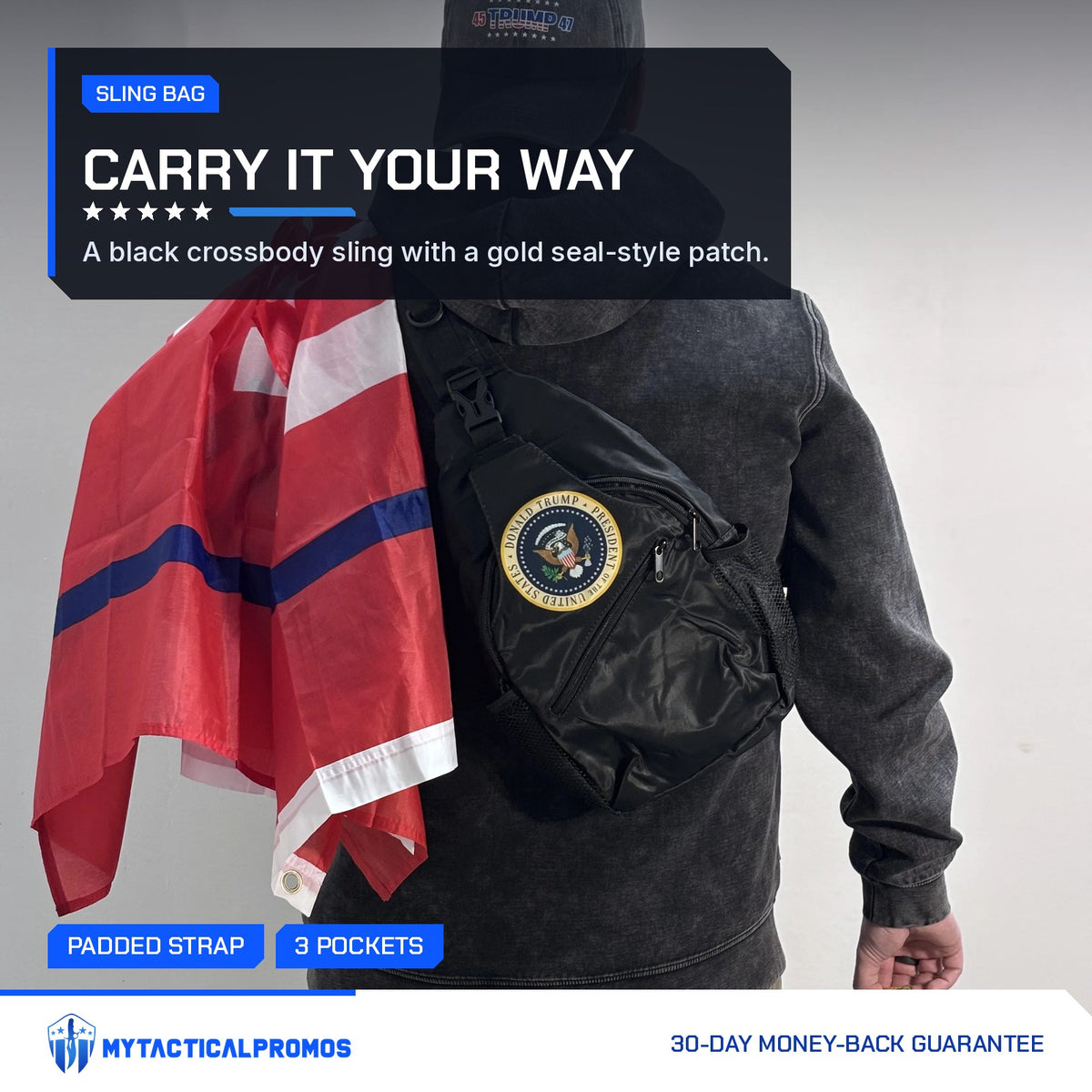 Man wearing the Trump Seal Sling Bag across his back