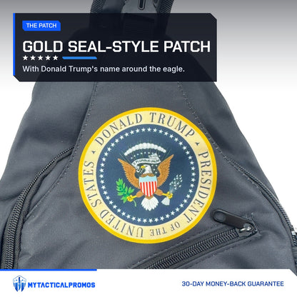 Trump Seal Sling Bag gold seal-style patch close-up