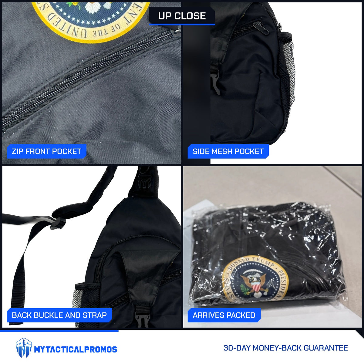 Trump Seal Sling Bag close-ups: zip front pocket, side mesh pocket, back buckle and strap, bag in its shipping bag